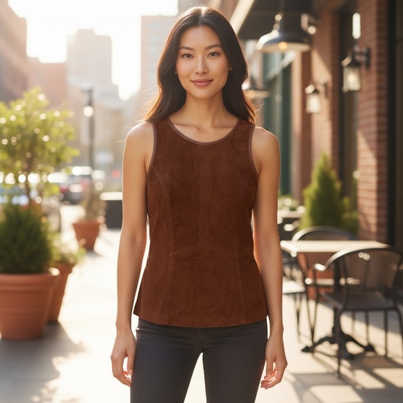 Genuine Leather Suede Tank Top Brown Sleeveless Shell Minimalist Sz 2 Y2K WHBM - Picture 1 of 8